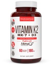 Vitamin K2 D3 Nahrungsergänzungsmittel 5000 IU D3 und 180 mcg Vitamin k2 MK7 Nahrungsergänzungsmittel für gesunde Knochen, Gesundes Herz & Herz-Kreislauf-Gesundheit-60 Einfach zu schlucken Gemüsekappen von MenaQ7 K2 MK7