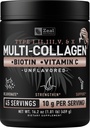Premium Multi Collagen Peptides Protein Powder (1, 2, 3, 5 & 10) mit Vitamin C, Biotin, Hyaluronsäure, für Haarhaut und Nägel - Marine, Rinder, Huhn & Eggshell (Unflavored, 45 Servierungen)