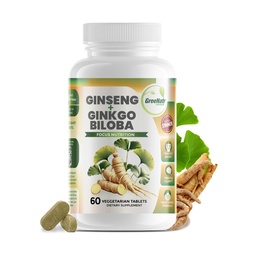 GreeNatr Ginko Biloba & Panax Ginseng Supplement - Red Ginseng Brain Supplement für Gedächtnis und Fokus - Ginkgo Biloba Ergänzungen für gute Vision, Immunsystem und verbesserten Blutfluss - 60 Tabletten