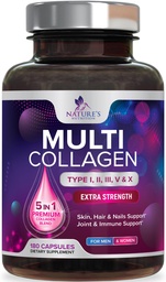Multi Collagen Supplement 2400 mg - Typen I, II, III, V & X Multi Collagen Peptide Pillen für Frauen & Männer, hydrolysierte Collagen Supplements, Haar, Haut, Nagel, & Joint Support Supplement - 180 Kapseln