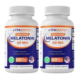 Vitamatic Melatonin 60 mg Fast Dissolve Tabletten - 60 Vegan Natürliche Berry Flavor Tabletten - Non-Habit Forming - Non-GMO, Glutenfrei (2 Flaschen)
