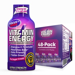 Vitamin Energy Focus+ Extra Strength Energy Shot Berry 48 Pack, 260mg Natürliche Koffein, B-Vitamine, CoQ10, Aminosäuren, Fokus, Produktivität & Clarity, Zero Sugar, Glutenfrei, 1,93 fl oz