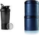 BlenderBottle Shaker Bottle mit Pill Organizer und Speicher für Proteinpulver, ProStak System, 22 Unze, Mitternacht Black & ProStak Twist n' Lock Storage Jars Expansion 2-Pak mit Pill Tray, All Black