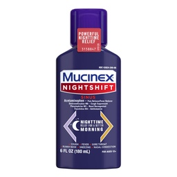 Mucinex Nightshift Sinus, Kalte und Flu Cough Medicine für Erwachsene, Leistungsfähige Nacht Sinus Medizin für Sinus Relief, Sore Throat Relief, Cough Suppressant & Nasal Decongestant für Erwachsene, 6 Fl Oz