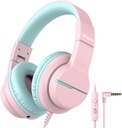 iClever HS19 Kinder Kopfhörer mit Mikrofon für Schule, Safe Volume Limited, Over-Ear Mädchen Jungen Kopfhörer für Kinder mit Shareport, faltbar für iPad/Travel (Pink)