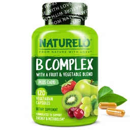 NATURELO Vitamin B Komplex, 120 Kapseln, Vegan, CoQ10, Methylfolat, Biotin, Obst & Gemüse Mischung, unterstützt Energie und gesunde Stressreaktion, Super B Komplex Vitamine für Frauen und Männer