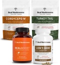 Real Mushrooms RealBoost (60ct), Lions Mane (120ct), Cordyceps & Turkey Tail Mushroom Powder & Capsules Bundle - Pilz-Ergänzung für Energie, Vitalität, Endurance & Cognition - Vegan, Non-GMO
