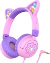 iClever Kinder Kopfhörer Cat Ear, LED Light Up, 85dBA Safe Volume, Stereo Sound Kleinkind Kopfhörer für Reiseschule, faltbar 3.5mm verkabelt Kinder Kopfhörer für iPad Tablets, Meow Lollipop -Pink