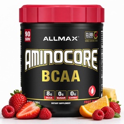 ALLMAX Nutrition AMINOCORE BCAA, Fruit Punch - 945 g Pulver - 8.18 Gramm verzweigte Ketten Aminsäuren pro Servierung - mit B Vitaminen - keine Füllstoffe oder nicht-BCAA Aminos - Zuckerfrei - 90 Servierungen