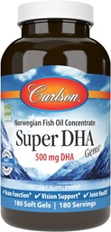 Carlson - Super DHA Gems, 500 mg DHA-Ergänzungen, 640 mg Fettsäuren, Wild-Caught Norwegian Arctic Omega 3 Fish Oil Supplement, Sustainable Sourced Fish Oil Capsules, 180 Softgels