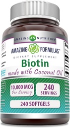Erstaunliche Formeln Biotin mit extra Virgin Organic Coconut Oil Supplement | 10000 Mcg | Softgels | Non-GMO | Gluten-Free | Made in USA (1 Pack, 240 Count)