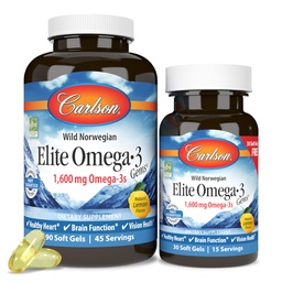 Carlson - Elite Omega-3 Gems,1600 mg Omega-3 Fettsäuren einschließlich EPA und DHA,Norwegian, Wild-Caught Fischöl Supplement,Sustainable Sourced Capsules, Lemon, 90+30 Softgels