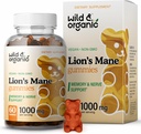 Wild & Organic Lions Mane Mushroom Gummies 1000mg - Natural Lion's Mane Mushroom Supplement Gummis - 60 Chews for Focus and Brain Energy Support - Vegan, Non-GMO