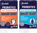 Bio360 Probiotics Bundle, kognitive Unterstützung Formel & Daily Extra Formel, Gehirnunterstützung & Gut Health Supplements, hilft Gedächtnis, Fokus & Verdauung, 2 x 30 Vegan Ergänzungen