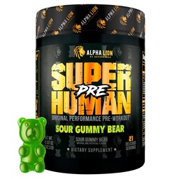 ALPHA LION Superhuman Pre Workout Pulver, Beta Alanin, L-Taurin & Tri-Source Koffein für nachhaltige Energie & Fokus, Stickoxid & Citrullin für Pumpe (21 Portionen, Sour Gummy Bear Flavor)