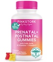 Pink Stork Fertility + Prenatal + Postnatal Gummy Vitamins – Full Motherhood Journey Support – Multivitamin with Folate, B Vitamins, Zinc & Biotin – Postpartum Essentials - 60 Assorted Fruit Gummies