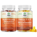 Bundle Multivitamin Gummis - Halal Multivitamin Gummy mit B12 Biotin Zinc & Vitamin D und Vegetarian Omega 3 6 9 DHA Gummis für Gehirn Knochen Herz Gesundheit und Gelenkunterstützung - Burpless Fish Free