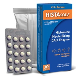 HISTAsolv Extra Strength DAO Enzym-Ergänzung für Histamin Food Intolerance - Eases Digestive Discomfort - Patented Tech - Made in Austria - 30 Pack