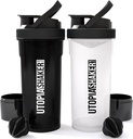 Utopia Home Shaker Bottle 2 Pack - 24 Unze Plastikprotein oder Cocktail Shaker Bottle für Pre & Post Workout mit Twist & Lock Protein Box Storage (All Black & Clear/Black)