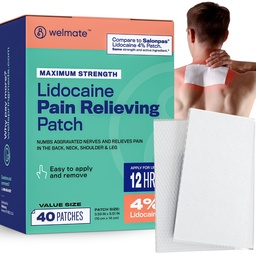 WELMATE Pain Patches Maximale Stärke Lidocaine 4% Topical Numbing Analgesic – Lidocaine Patches für Nerve & Back Pain Relief, Sciatica, Neck Muscle Strain, Knie, Schultergelenk, Hip, Fuß (40ct)