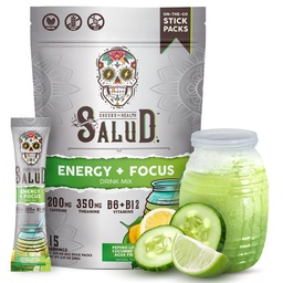 Salud 2-in-1 Energy Drink Powder + Focus, Cucumber Lime, Organic Caffeine, B6 + B12, Theanine, Clean Energy Drink Packets, Agua Fresca Mix, Non-GMO, Gluten Free, Vegan, 1g Zucker, (15 Portionen)