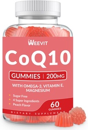Zuckerfreie CoQ10 Gummie 200mg, Coenzym Q10 w/Omega-3, Vitamin E für Erwachsene, Co Q10 Ergänzung für Antioxidans, Energie, Gehirnunterstützung